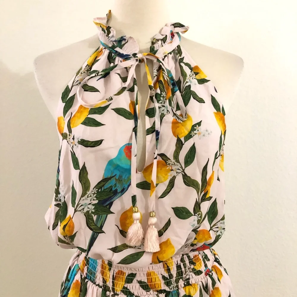 Nicoblu Halter Dress with Tropical Parrot Lemon Print Size Small - Picture 2 of 7